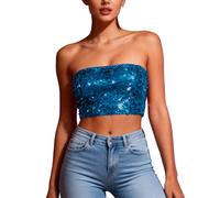 Women's Sequin Crop Tops, Ladies Sparkly Bandeau Tube Top Going Out Off Shoulder Sparkle Sleeveless Strapless Blouses Shimmer Glitter Corset Top Evening Party Club Metallic Rave Tops