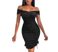 Womens Sequin Dress Off Shoulder Bodycon Dresses Shiny Long Sleeve Ruffles Elegant Cocktail Party Dinner Mini Dress Black