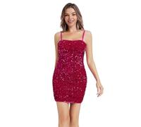 Women's Sequin Dress Sexy Sparkly Glitter Short Velvet Night Out Party Club Adjustable Spaghetti Straps Bodycon Mini Dresses, Fushcia, S