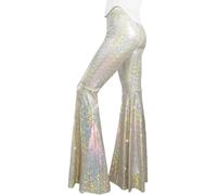 Womens Sequin Flare Pant Sparkly High Waisted Leg Bell Bottom Glitter Trousers Night Out Clubwear-X-Large