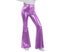 Women's Sequin Flare Pants 70s Disco Sparkly High Waisted Leg Bell Bottom Glitter Trousers Night Out Clubwear Hot Stamping Shiny Pants Metallic Bell Bottom Trousers Purple