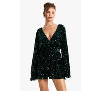 Womens Sequin Flare Sleeve Open Back Playsuit - Green - 8, Green