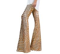 Womens Sequin Flared Trousers Elasticated High Waist Wide Leg Trousers Skiny Glitter Bootcut Pants Sparkly Bootleg Pant Elegant Palazzo Trouser Lounge Pants for Party Dance Festival Costumes Khaki