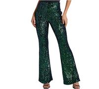 Womens Sequin Flared Trousers Sparkly High Waist Wide Leg Bell-Bottom Trousers Bootcut Yoga Pants Slim Party Club Shiny Pants Clubwear for Workout Sports Exercise Running Going Out Size S-3XL