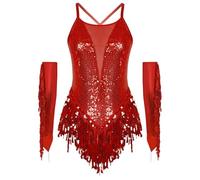 Women's Sequin Fringed Tassel Slim Fit Round Neck Sleeveless Pull On Latin Rumba Samba Competition Dance Dress