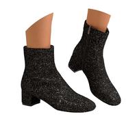 Women's Sequin Glitter Ankle Boots Round Toe Wide Calf Chunky Block Heeled Fashion Sparkly Short Boots Rhinestone Embroidery Sparkly Wedding Bridal Party Dress Shoes with Side Zipper