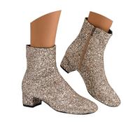 Women's Sequin Glitter Ankle Boots Round Toe Wide Calf Chunky Block Heeled Fashion Sparkly Short Boots Rhinestone Embroidery Sparkly Wedding Bridal Party Dress Shoes with Side Zipper