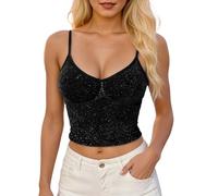 Women's Sequin Glitter Tank Top Sleeveless Spaghetti Straps Yoga Top Sparkle Carnival Tank Tops Sequin Party Shiny Fancy Dress Costumes Spaghetti Straps Waistcoat Cocktail Tops, O Black, L