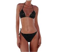 Women's Sequin Halter Bikini Sets Fashion 2 Piece Bathing Suit Micro Triangle Glitter Sparkly Bikini Swimsuit Low Waist String Thong Swimwear Swimsuit S-L (Black #2, M)