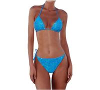 Women's Sequin Halter Bikini Sets Fashion 2 Piece Bathing Suit Micro Triangle Glitter Sparkly Bikini Swimsuit Low Waist String Thong Swimwear Swimsuit S-L (Blue #2, M)
