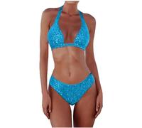 Women's Sequin Halter Bikini Sets Fashion 2 Piece Bathing Suit Micro Triangle Glitter Sparkly Bikini Swimsuit Low Waist String Thong Swimwear Swimsuit S-L (Blue #1, M)