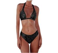 Women's Sequin Halter Bikini Sets Fashion 2 Piece Bathing Suit Micro Triangle Glitter Sparkly Bikini Swimsuit Low Waist String Thong Swimwear Swimsuit S-L (Black #1, M)