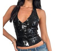 Women's Sequin Halter Tank Tops Sexy Deep V Neck Sparkly Glitter Backless Sleeveless Cami Club Party Going Out Vest (Black, S)