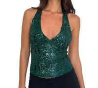 Women's Sequin Halter Tank Tops Sexy Deep V Neck Sparkly Glitter Backless Sleeveless Cami Club Party Going Out Vest (Dark Green, S)