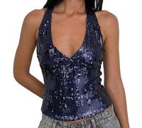 Women's Sequin Halter Tank Tops Sexy Deep V Neck Sparkly Glitter Backless Sleeveless Cami Club Party Going Out Vest (Navy Blue, S)