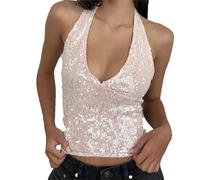 Women's Sequin Halter Tank Tops Sexy Deep V Neck Sparkly Glitter Backless Sleeveless Cami Club Party Going Out Vest (Pink, M)