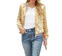 Women's Sequin Jacket Sparkly Long Sleeve Front Zip Bomber Jacket Casual Loose Fit Going Out Coat Streetwear (A-Gold, M)