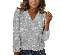Women's Sequin Jumper Sparkly Blouse Top Long Sleeve Party Shirt Sequin Tops V Neck Plus Size Sparkle Glitter Blouse Pullover Casual Shining Glitter Pullover Tunics Top Party Clubwear Shirt Outfit