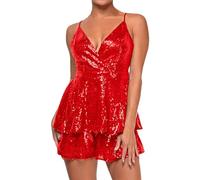 Women's Sequin Jumpsuit Sexy V-Neck Glitter Short Jumpsuit Backless Sleeveless Spaghetti Straps Romper Layered Look Playsuit for Carnival Party Clubwear