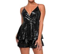 Women's Sequin Jumpsuit Sexy V-Neck Glitter Short Jumpsuit Backless Sleeveless Spaghetti Straps Romper Layered Look Playsuit for Carnival Party Clubwear