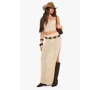 Womens Sequin Knit Sheer Cami Top And Split Side Maxi Skirt - Gold - L, Gold