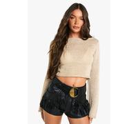 Womens Sequin Knit Sheer Slash Neck Wide Cuff Knitted Top - Gold - M, Gold