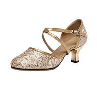 Womens Sequin Lace Ballroom Dance Shoes Size 6.5 Closed Toe Criss Cross Ankle Strap Low Heel Latin Salsa Tango Waltz Practice Performance Wedding Party Dancing Shoes for Ladies Girls