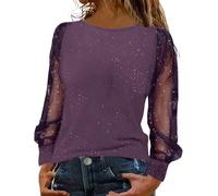 Women's Sequin Long Sleeve Loose Round Neck Casual Loose T Shirt Top Womens Running Shirts Loose Fit (Purple, XL)