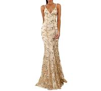 Women's Sequin Mermaid Long Prom Dresses V-Neck Spaghetti Straps Backless Sparkly Formal Evening Party Gown Apricot
