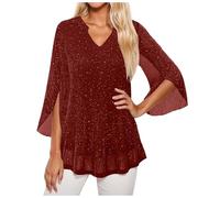 Women's Sequin Mesh Tops Sparkly Shiny T Shirts Glitter Sexy 3/4 Sleeve V Neck Blouses Loose Fit Tee Party Wedding Going Out Casual Solid Color Flowy Top Cocktail Prom Ladies Fashion Outfits (XL)