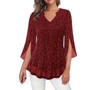 Women's Sequin Mesh Tops Sparkly Shiny T Shirts Glitter Sexy Side Split 3/4 Sleeve V Neck Blouses Pleated Loose Fit Tee Party Wedding Going Out Casual Solid Color Flowy Top Cocktail Prom Wine