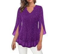 Women's Sequin Mesh Tops Sparkly Shiny T Shirts Glitter Sexy Side Split 3/4 Sleeve V Neck Blouses Pleated Loose Fit Tee Party Wedding Going Out Casual Solid Color Flowy Top Cocktail Prom Purple