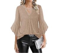 Women's Sequin Mesh Tops Sparkly Shiny T Shirts Glitter Sexy Side Split Long Sleeve Crewneck Blouses Pleated Loose Fit Tee Party Wedding Going Out Casual Flowy Top Cocktail Disco Prom Beige