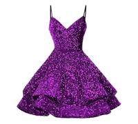 Womens Sequin Party Dress Glitter Spaghetti Strap A-Line Ruffle Swing Mini Dress Sparkly Cocktail Party Evening Dress Dark Purple