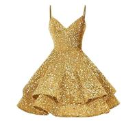 Womens Sequin Party Dress Glitter Spaghetti Strap A-Line Ruffle Swing Mini Dress Sparkly Cocktail Party Evening Dress Gold