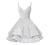 Womens Sequin Party Dress Glitter Spaghetti Strap A-Line Ruffle Swing Mini Dress Sparkly Cocktail Party Evening Dress White