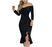 Women's Sequin Party Dress High Waist Split Ruffled Dress Cold Shoulder Long Sleeve Bodycon Dress Ball Gowns Midi Dress Elegant Cocktail Dress Sparkly Glitter Evening Party Wedding Bridesmaid Dresses