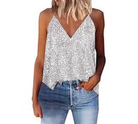 Women's Sequin Party Shiny Spring Tank Tops Sparkly Rhinestone Club Spaghetti Straps Sleeveless Fashion Blouses Sparkle Curved Hem Flowy Casual Glitter Tank Top Cami Strappy Camisole Silver