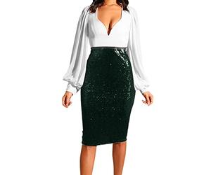 Women's Sequin Pencil Skirt - Stretch Shiny High Waist Mini Bodycon Midi Knee-Length Evening Dress, Glitter Tube Metallic Sequins, A03 Green, S