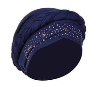 Womens Sequin Pre Tied Turban Bonnet Breathable Wrap Head Scarf Stretchy Muslim Cap for Chemo Beanie Hat with Hair Loss Navy Medium