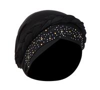 Womens Sequin Pre Tied Turban Bonnet Breathable Wrap Head Scarf Stretchy Muslim Cap for Chemo Beanie Hat with Hair Loss Black Medium