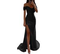 Women's Sequin Prom Dresses Sexy Off Shoulder V-Neck High Split Glitter Long Ball Gown Ruched Sparkly Formal Evening Party Maxi Dress Black Women's Prom Dress Party Dress