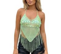 Women's Sequin Shell Fringe Halter Top Crochet Openwork Tassel Crop Tops Backless Tie Boho Vest for Beach Party Wear