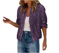 Women's Sequin Shiny Flight Bomber Jacket - Glitter Sparkly Crop Blazer - Long Sleeve Zip Up Coats Slim Fit Party Clubwear Disco Festival Outfit 2024 Fashion