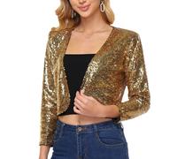 Women's Sequin Shrug Jacket Long Sleeve Open Front Glitter Blazer Bolero Wedding Party Sparkly Cropped Cardigan, Dark Gold, S