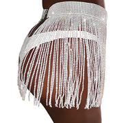 Womens Sequin Skirt - S Sexy Glitter Straps Splicing Tassel Grid Half Skirt (White S)