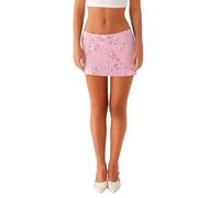 Women's Sequin Skirt Y2K Low Waist Elastic Sparkle Beaded Bodycon Hot Short Skirt Glitter Club Concert Rave Outfit (B-Pink, M)