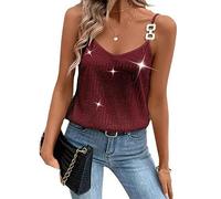 Womens Sequin Sleeveless Tanks Tops Sparkle V Neck Strappy Sparkle Camisole Glitter Chain Strap Shimmer Cami Party Rave Vest (Wine Red A, L)