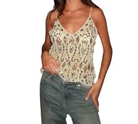 Women's Sequin Slim Camisole Spaghetti Strap See Through V-Neck Slim Fit Cropped Tank Tops Y2K Streetwear (Beige, M)