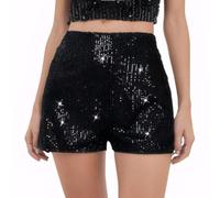 Women's Sequin Sparkle Elastic High Waist A Line Party Concert Shorts, Black, XS